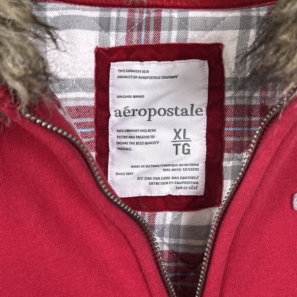 Vintage Y2K Aeropostale Faux Fur Zip Hoodie Juniors Size XL Red Jacket A87 Lined - Picture 2 of 14